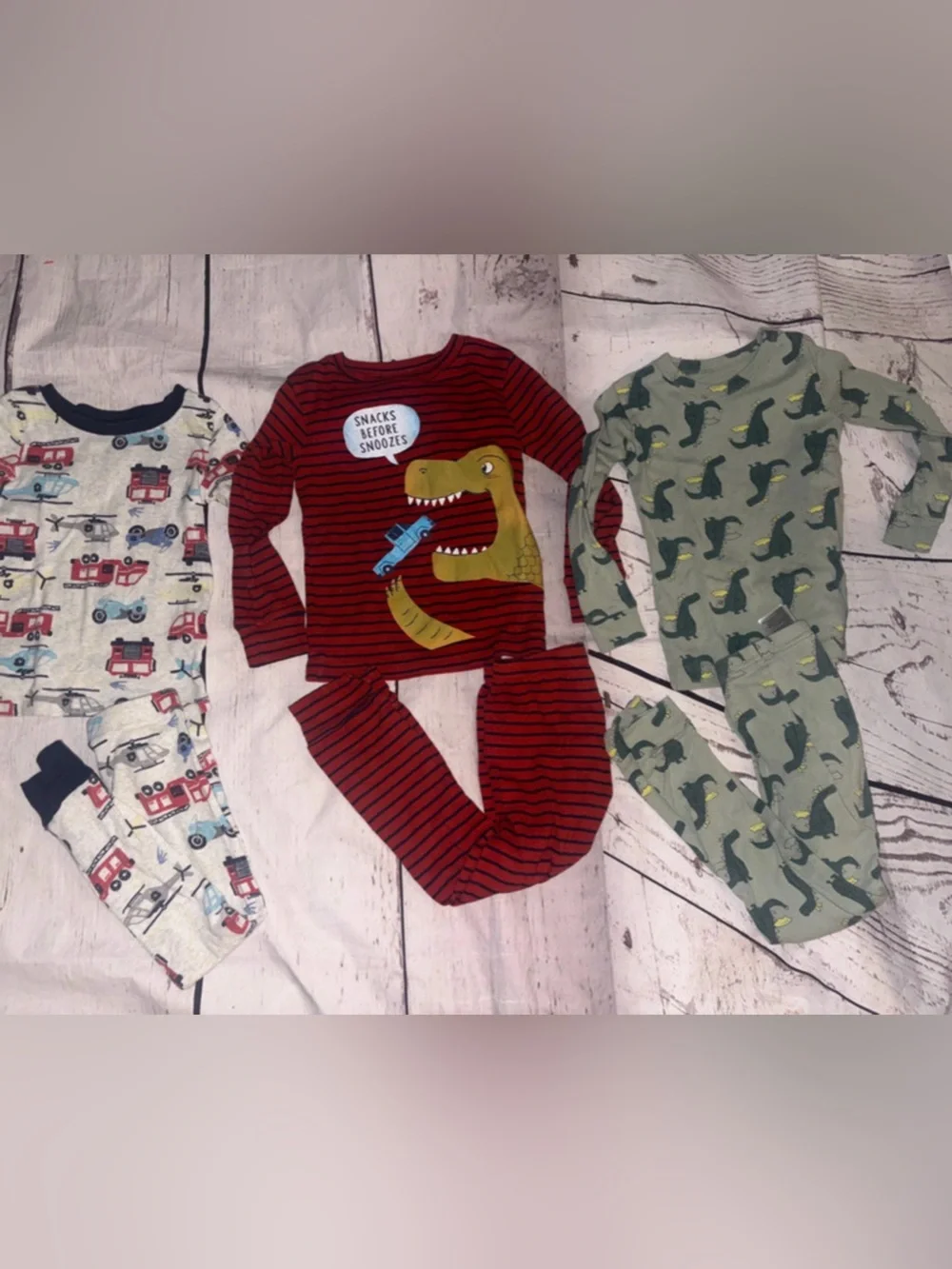 4T 3 sets- Toddler Dino and Vehicle Pajama Set - Red, Green, Cream